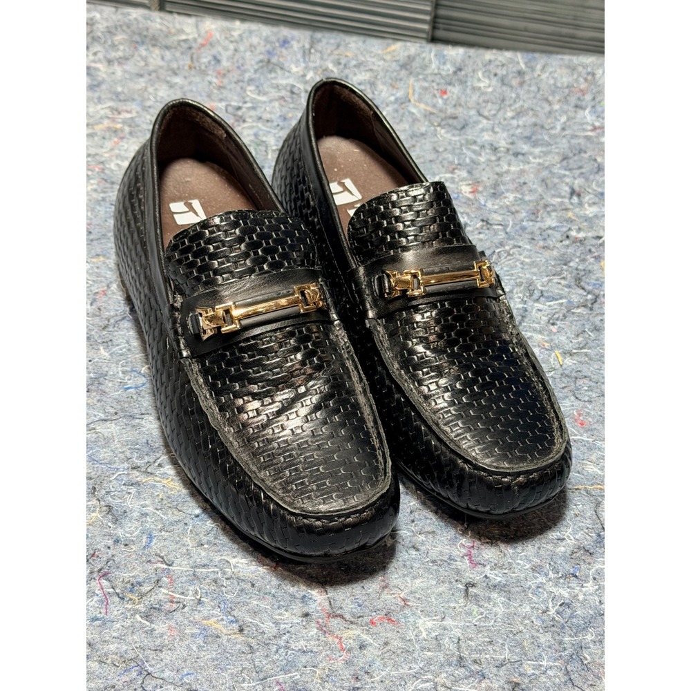 Mens Size 7 Black Woven Slip On Loafers‎ Gold Buckle Dress Elevator Shoes TOTO